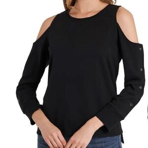 Vince Camuto Cold Shoulder Sweatshirt Top Crewneck Long Sleeve Black Women Large